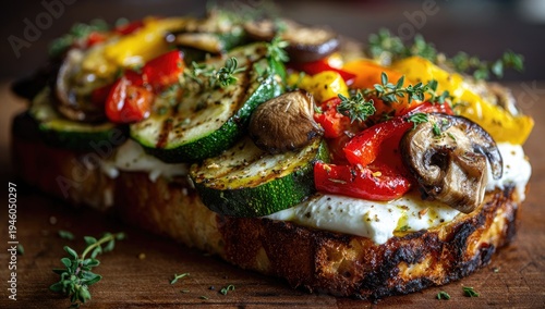 Gourmet Grilled Vegetable Bruschetta with Creamy Cheese and Fresh Herbs.