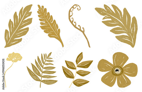 PNG Golden botanical leaf and flower illustrations element set on transparent background
