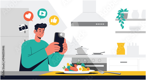 Man taking photo of healthy food in kitchen with social media icons, food blogger concept, content creator, food photography