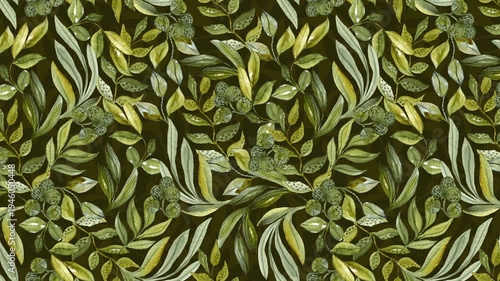 Lush Olive Foliage Motion Graphics Watercolor Pattern Animation