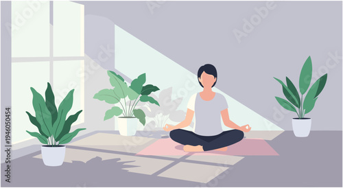 Person meditating in sunlight with houseplants, serene indoor yoga and mindfulness practice