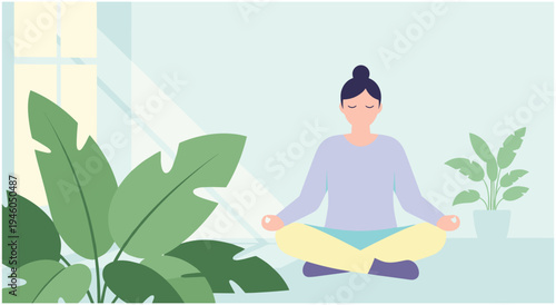 Woman meditating peacefully in a modern room with green plants and natural light