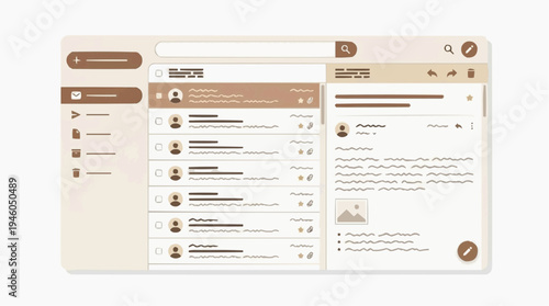 email inbox interface showing message list, reading pane, sidebar folders and compose controls. Ideal for UI design, productivity, webmail, communication and marketing projects.