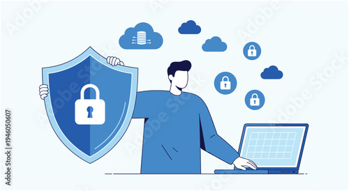 Digital security and data protection with a person and a shield on a laptop