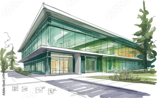 This is a modern architectural sketch of a corporate building. The design features expansive glass facades that invite natural light into the workspace.