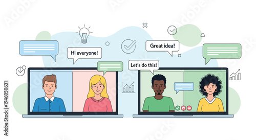 Diverse team collaborating remotely on a call, sharing ideas and progress