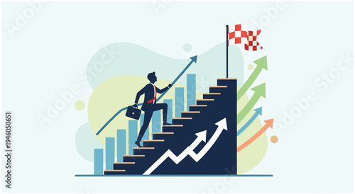 Businessman climbing stairs towards success goal with growing chart background with business success with upward arrow