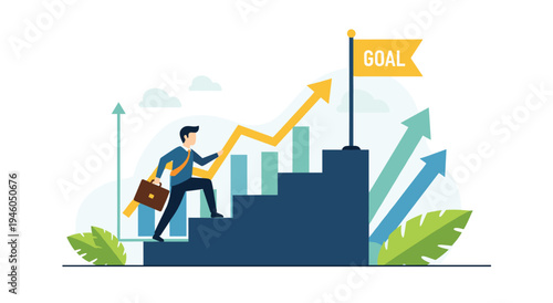 Man ascending steps towards flagged goal with upward trend graph with business growth with flat design