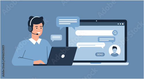 Customer service representative with headphones using laptop for online chat support with call center with help desk with flat design