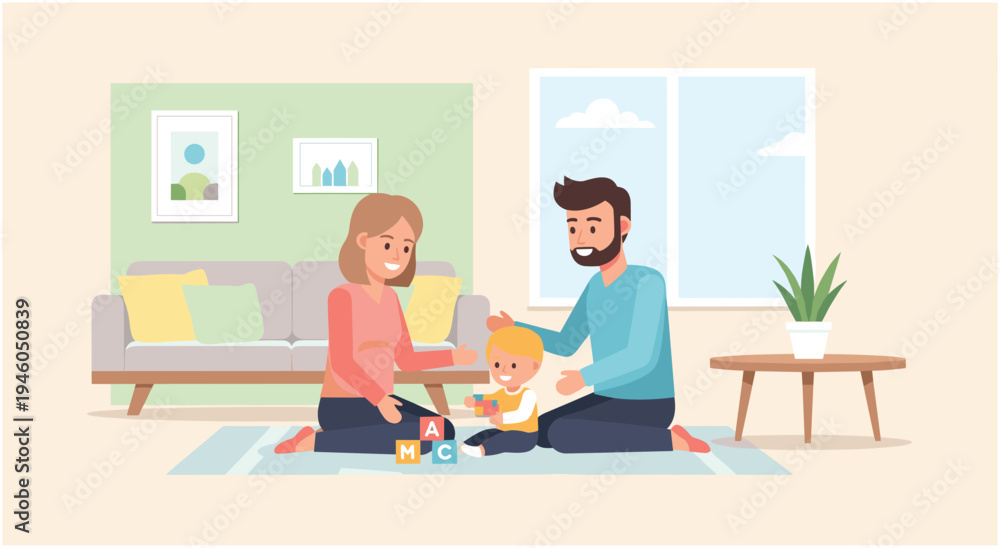 Fototapeta premium Happy family playing with baby on the floor in a bright, modern living room with toys, family time