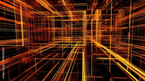 Abstract orange grid, digital space, technology, futuristic background, website banner