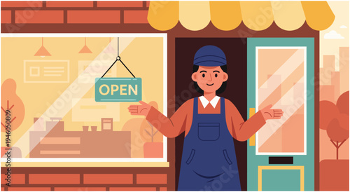 Friendly shopkeeper standing in doorway with open sign, welcoming customers to business, small business, front door, customer service