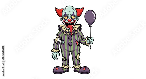 Creepy zombie clown holding purple balloon.