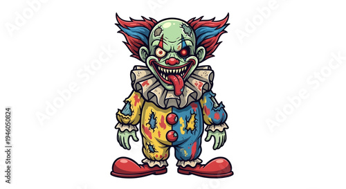Creepy zombie clown character standing alone.
