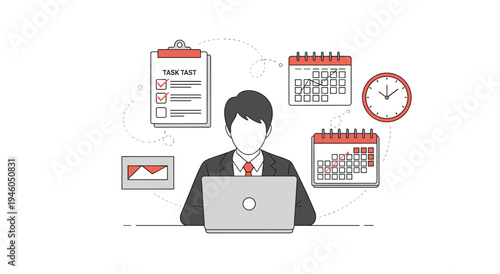 Businessman with laptop surrounded by task list, calendar, and clock, symbolizing organization, time management