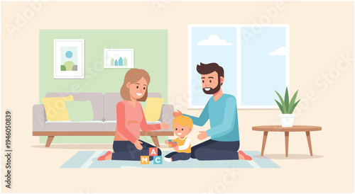 Happy family playing with baby on the floor in a bright, modern living room with toys, family time