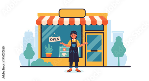 Small business owner at open store, welcoming customers with striped awning and city background, open sign, front door, local business