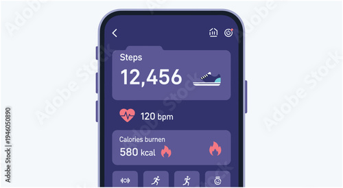 Close-up of smartphone screen showing fitness tracker app with steps, bpm, and calories burned, health tracker, heart rate