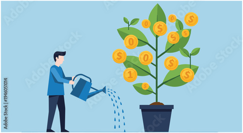 Man watering a money tree, representing financial growth and investment, flat design, investment strategy, financial planning