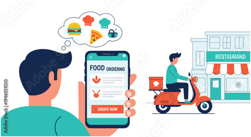 Food ordering app on phone with delivery scooter and restaurant, modern online meal service, app screen, fast food, app interface