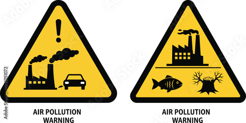 Air Pollution Warning Sign with Industrial Factory Smoke Car Exhaust and Environmental Damage