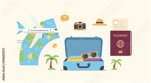 Travel essentials: suitcase, passport, airplane, map, camera, hat for vacation planning, flat design, palm tree