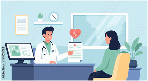 Doctor consulting patient in office, healthcare consultation and medical checkup, medical record, flat design