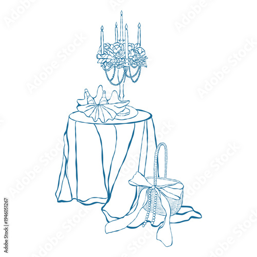 A romantic table with a tablecloth, wine, a shell, and a candelabra with candles. Hand-drawn blue clip art. Vector outline illustration for coastal-style weddings and celebrations.