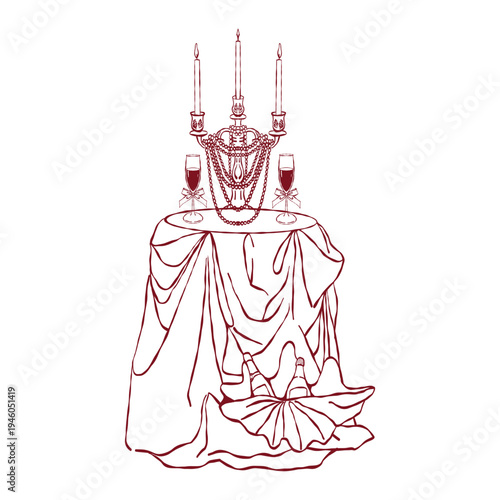 A romantic table with a tablecloth, wine, a shell, a candelabra with candles, and wine glasses. Hand-drawn in red tones. Vector outline illustration for coastal-themed weddings and celebrations.