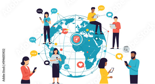 Worldwide social networking and communication concept with diverse people using mobile devices with social media with mobile phone