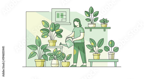 Gardener watering indoor plants in a bright, modern room with shelving and potted greenery, potted plant, plant pot, watering can
