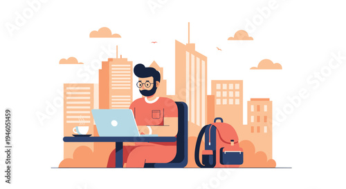 Man working on laptop outdoors with city skyline and backpack, representing remote work or freelancing, coffee cup, coffee break