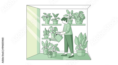 Gardener tending to indoor plants in a modern greenhouse with shelves filled with greenery with watering can with home gardening