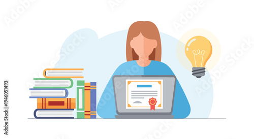 Woman with laptop and stack of books, certificate on screen, lightbulb above symbolizing learning and education, online course