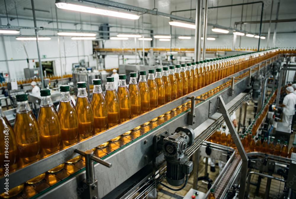 Fototapeta premium Juice bottles moving on conveyor belt in industrial factory