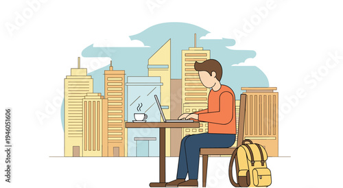 Man working on laptop outdoors in a city with skyscrapers, backpack and coffee nearby, remote work, coffee cup, digital nomad