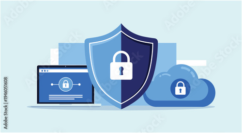 Cloud security concept featuring a laptop, shield, and cloud icon, all with lock symbols, data protection