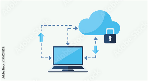 Secure cloud data storage and transfer with laptop and padlock icon with data security
