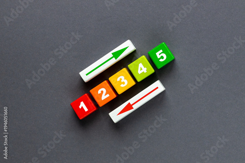 Rating from 1 to 5. Up and down arrows. The company's growth and decline scale. Business concept. Financial background