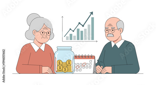 Elderly couple planning retirement savings with growth chart and piggy bank with senior couple with old people with financial planning