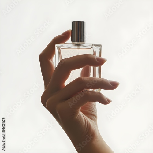 A hand holding a clear perfume bottle with a silver cap and spray nozzle.