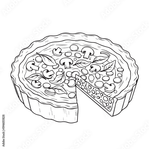 Mushroom Quiche Slice Cut Out Food Illustration Hand Drawn Sketch Style