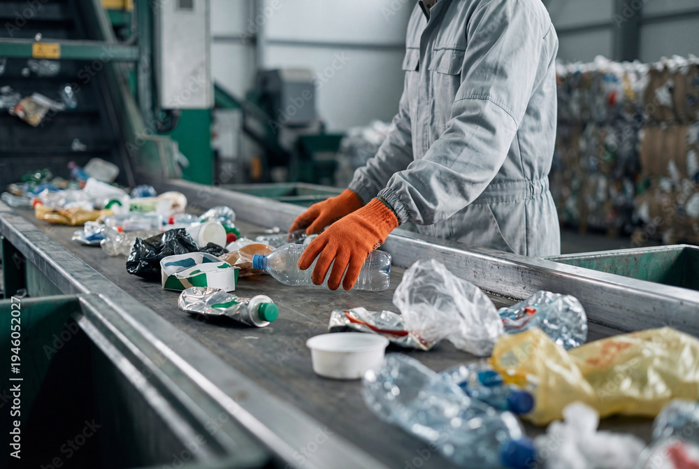Fototapeta premium Recycling plant worker sorting plastic waste on conveyor belt