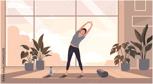 Woman doing yoga stretches in a bright room with large and plants at sunrise with yoga mat with water bottle with home workout