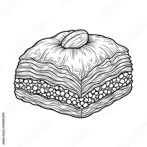Single Piece of Baklava Pastry with Pistachio Nut Hand Drawn Sketch Style