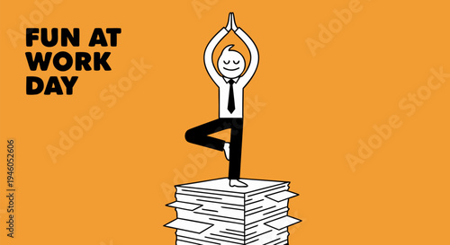 businessman stickman practicing a yoga tree pose balancing on top of a paperwork stack for fun at work day on orange background