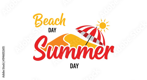 Summer beach day vector illustration with umbrella and sun