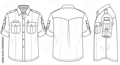Technical Drawing of a Short-Sleeve Button-Down Shirt with Pockets.