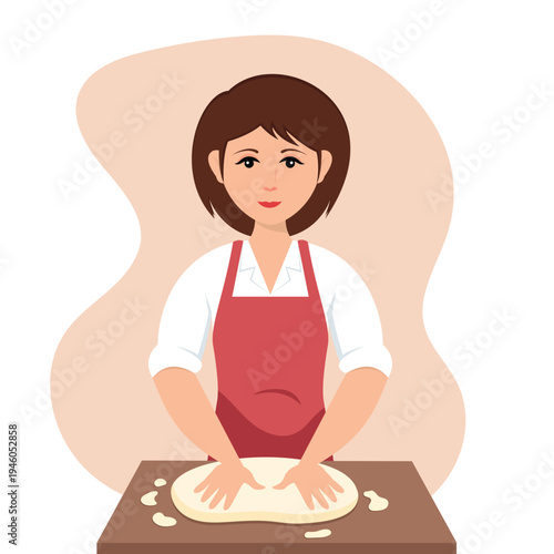 Woman kneading the dough on kitchen counter