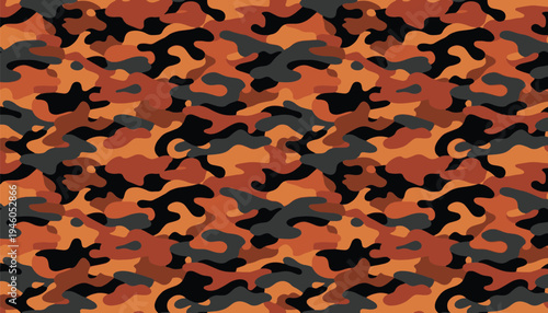 Seamless orange camouflage pattern with black and dark grey organic shapes. Modern military style vector texture ideal for fabric, fashion, wallpaper, wrapping paper and surface design.
